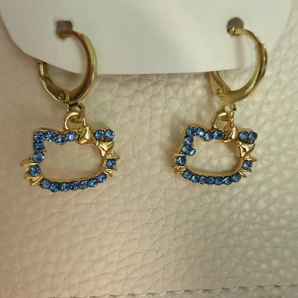 Gold Plated Blue Hello Kitty Huggie Earrings